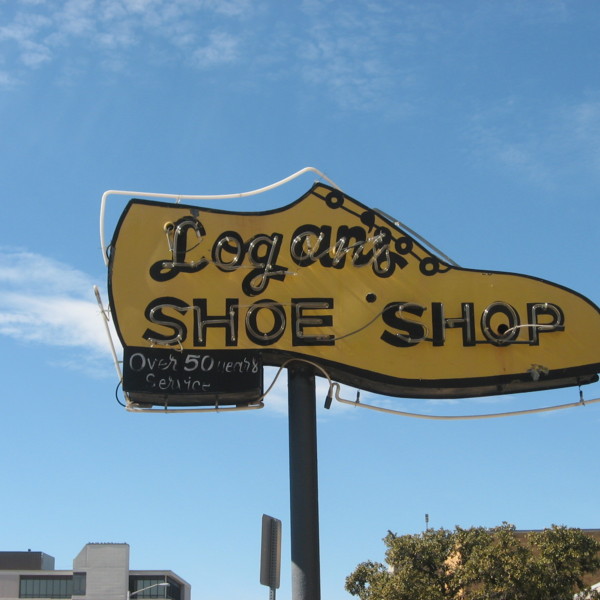 Logan's Shoe Shop sign.