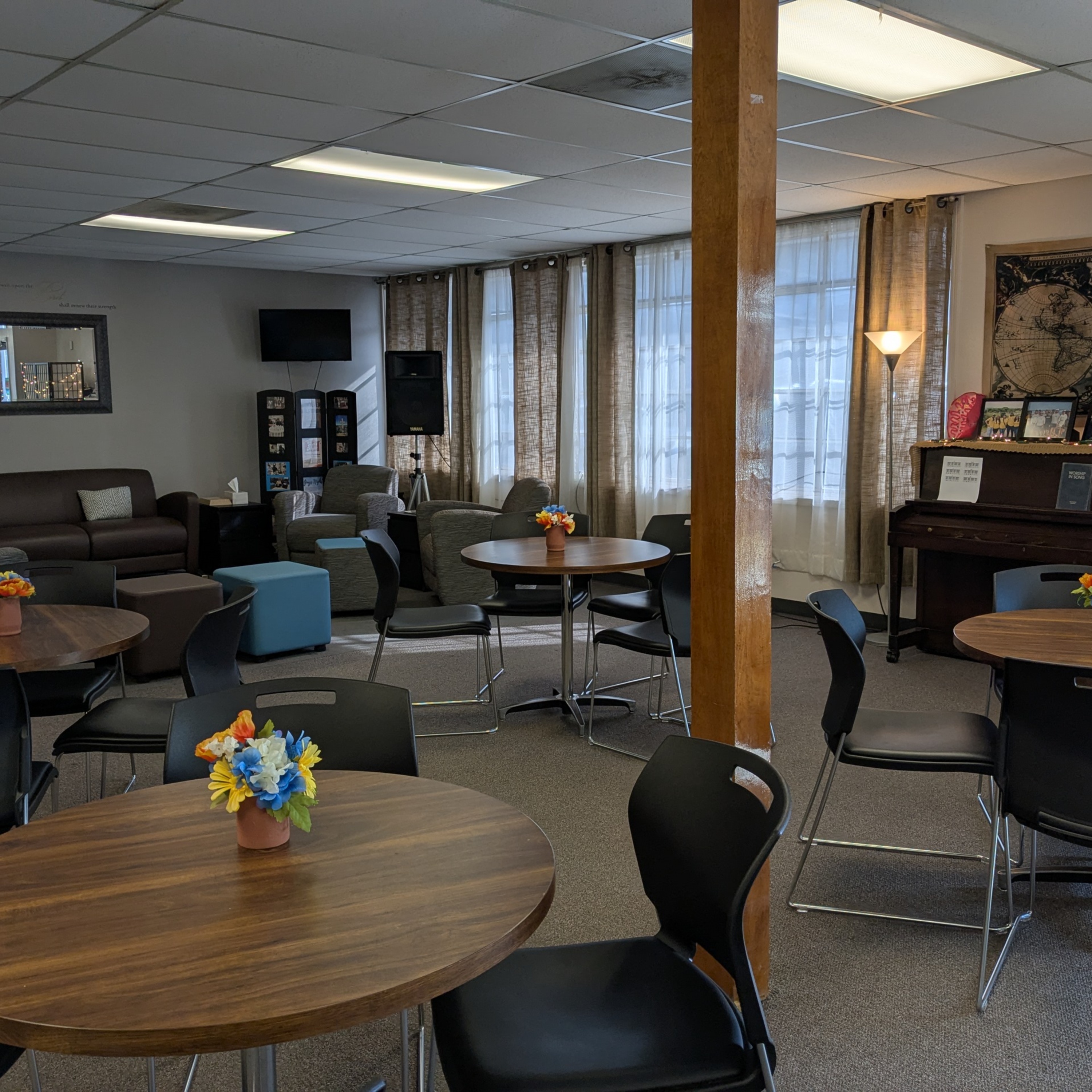 Interior shot of the seating area of the Baptist Student building