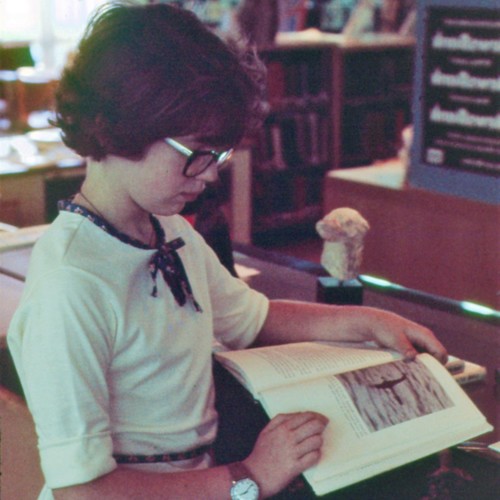 A young girl looks at a book while leaning against a counter that holds a statue of a head of a dog.