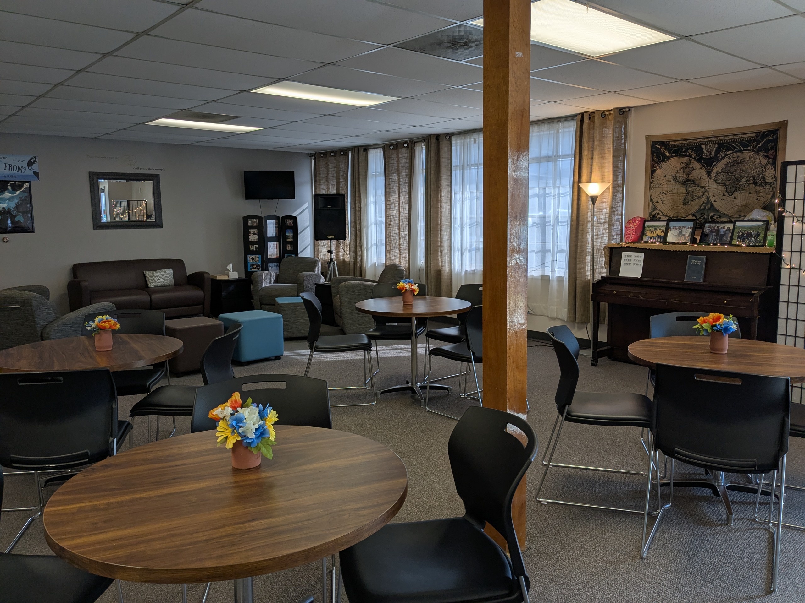 Interior shot of the seating area of the Baptist Student building