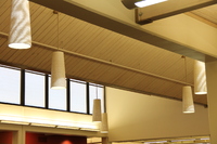 Pottery lamps hang from the atrium of the Emily Fowler Central Library.